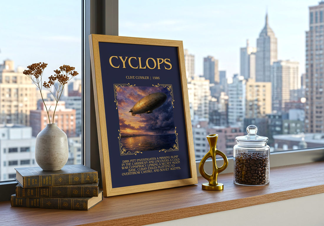 Cyclops Minimalist Book Poster by Clive Cussler – framed print on a city-view windowsill