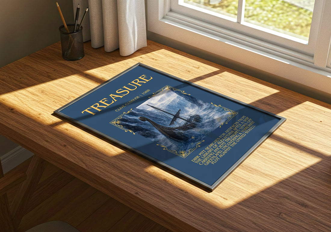 Treasure Minimalist Book Poster by Clive Cussler – print on a sunlit desk