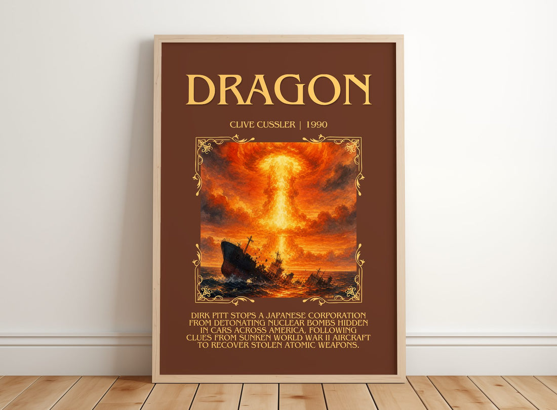 Dragon Minimalist Book Poster by Clive Cussler – framed print leaning on a wooden floor