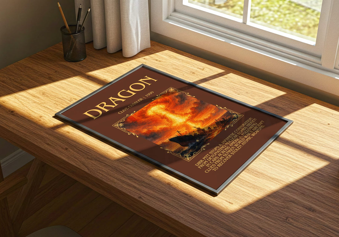 Dragon Minimalist Book Poster by Clive Cussler – print on a sunlit desk