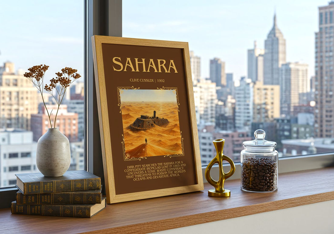 Sahara Minimalist Book Poster by Clive Cussler – framed print on a city-view windowsill