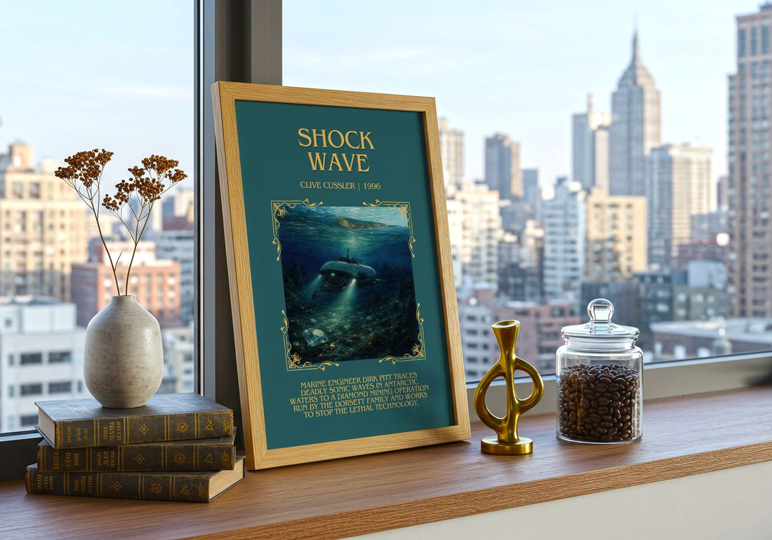 Shock Wave Minimalist Book Poster by Clive Cussler – framed print on a city-view windowsill