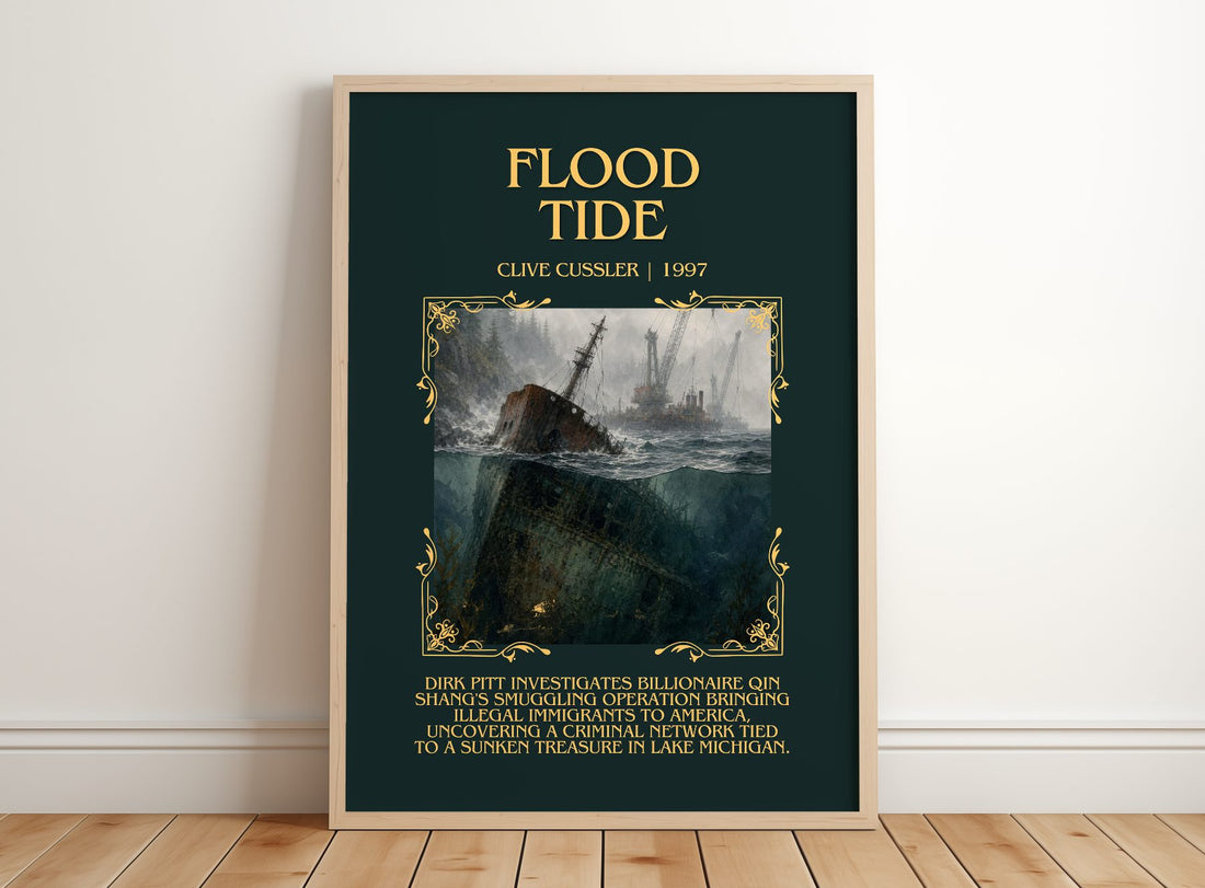 Flood Tide Minimalist Book Poster by Clive Cussler – framed print leaning on a wooden floor