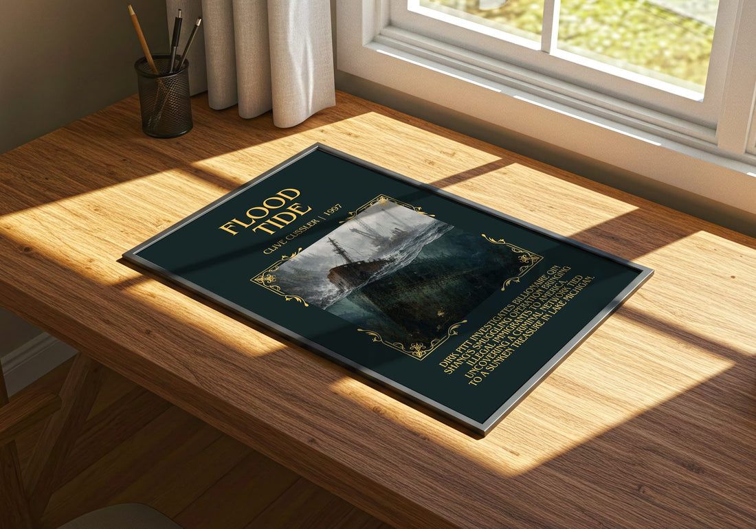 Flood Tide Minimalist Book Poster by Clive Cussler – print on a sunlit desk