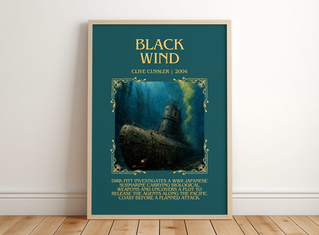 Black Wind Minimalist Book Poster by Clive Cussler – framed print leaning on a wooden floor