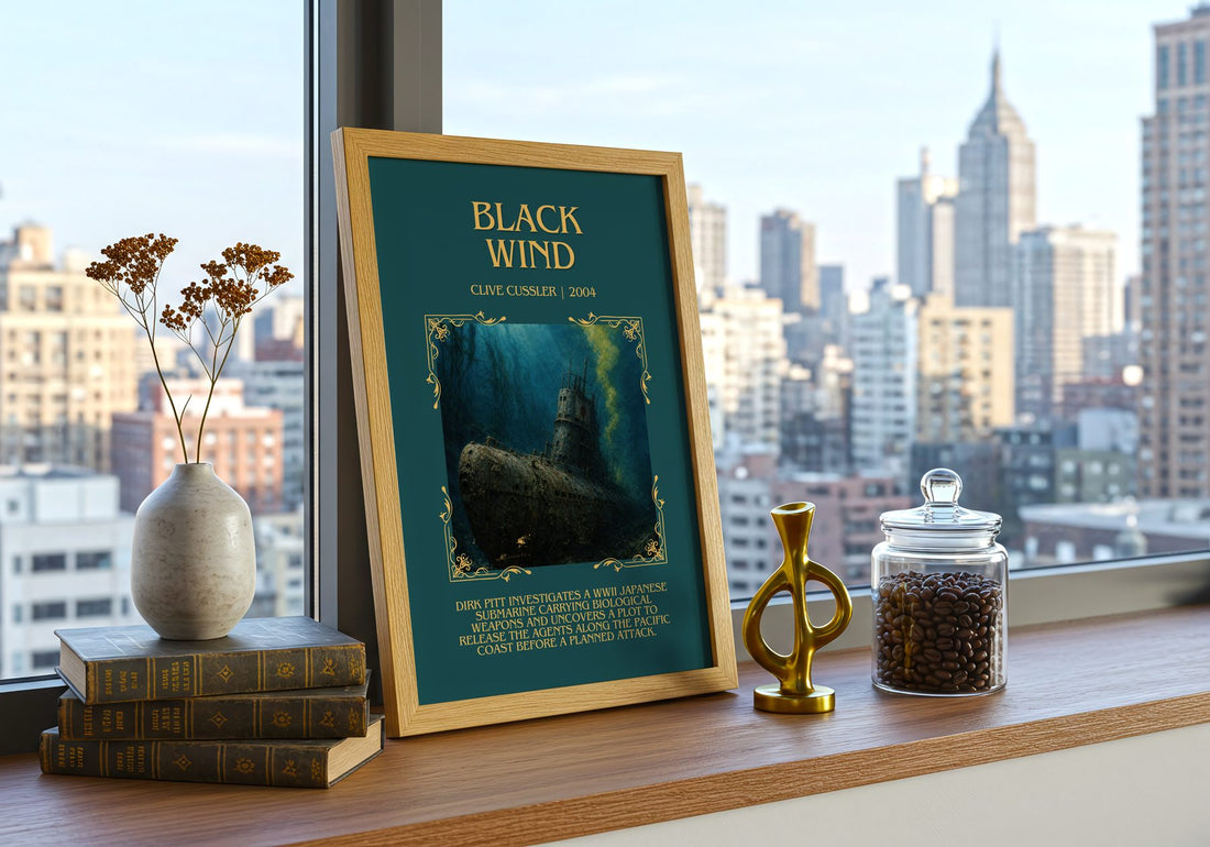 Black Wind Minimalist Book Poster by Clive Cussler – framed print on a city-view windowsill