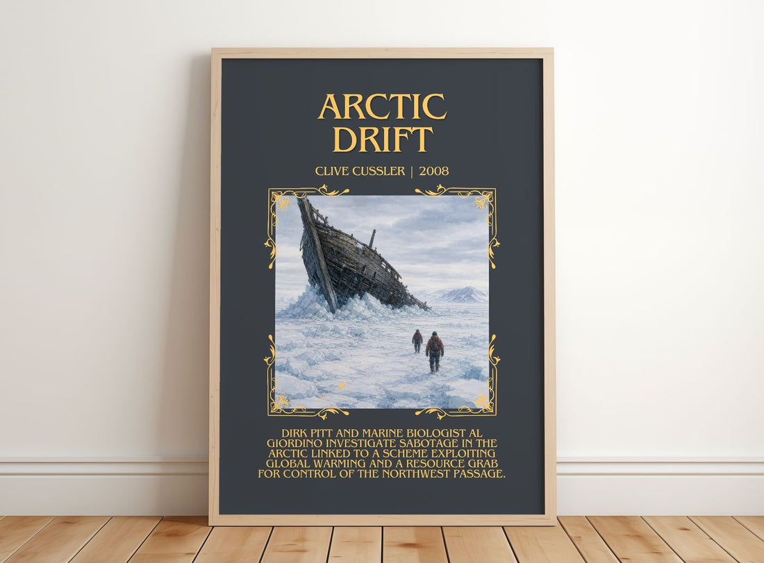 Arctic Drift Minimalist Book Poster by Clive Cussler – framed print leaning on a wooden floor