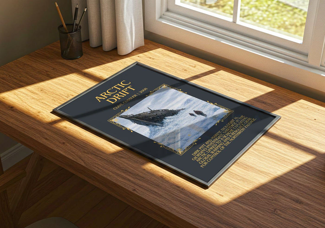 Arctic Drift Minimalist Book Poster by Clive Cussler – print on a sunlit desk