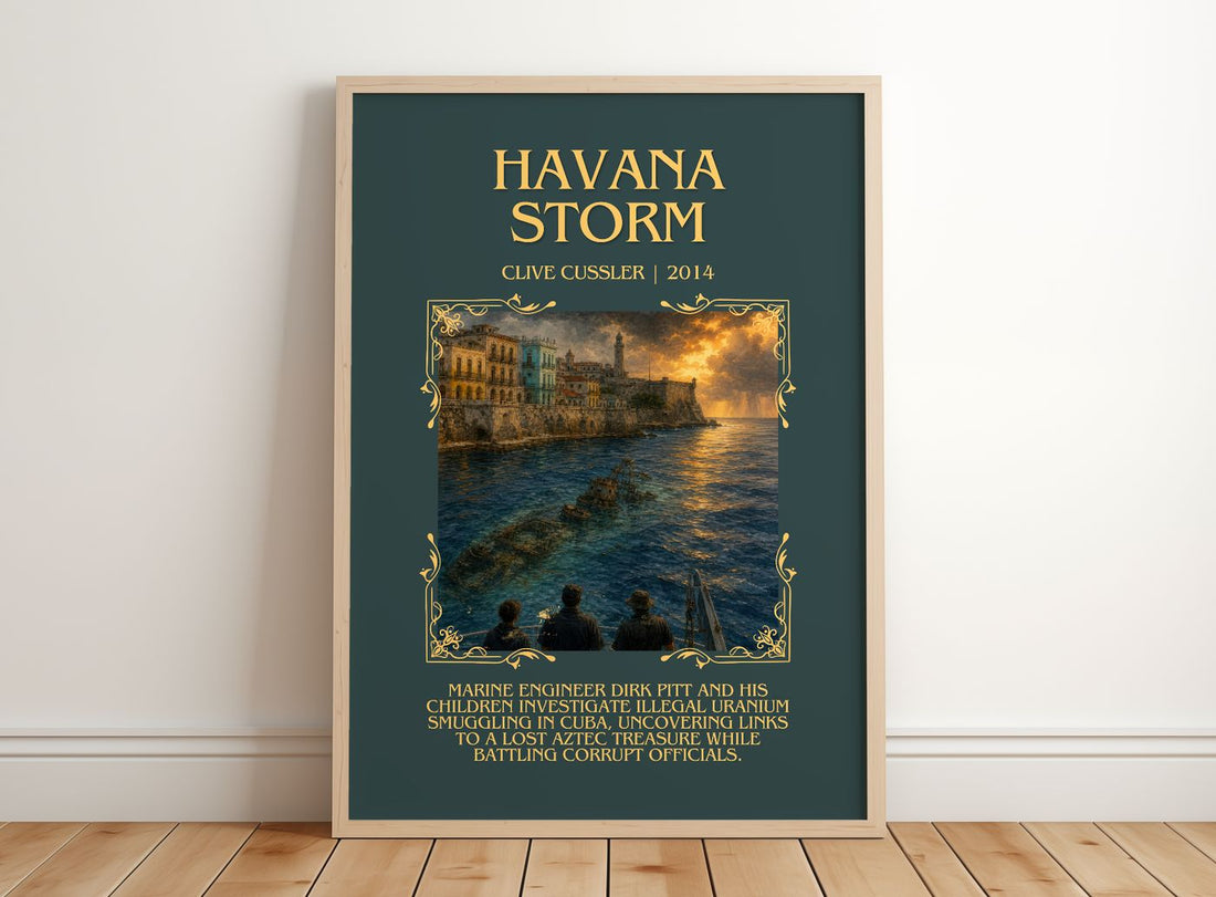 Havana Storm Minimalist Book Poster by Clive Cussler – framed print leaning on a wooden floor