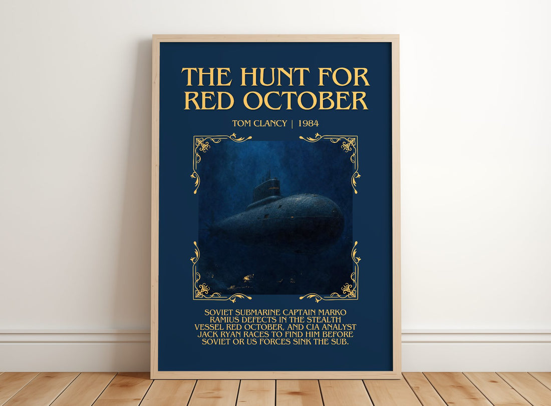 The Hunt for Red October Minimalist Book Poster by Tom Clancy – framed print leaning on a wooden floor