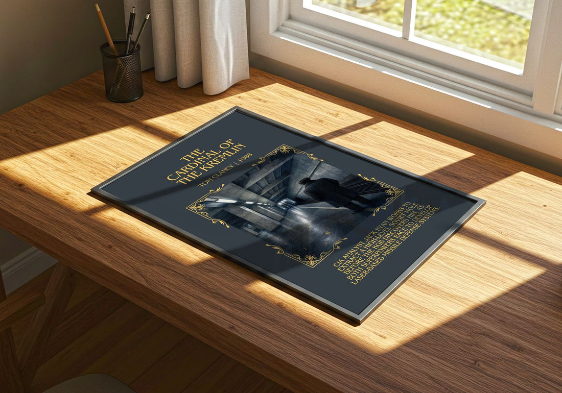 The Cardinal of the Kremlin Minimalist Book Poster by Tom Clancy – print on a sunlit desk