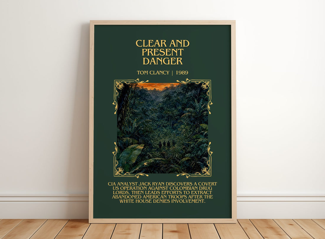 Clear and Present Danger Minimalist Book Poster by Tom Clancy – framed print leaning on a wooden floor