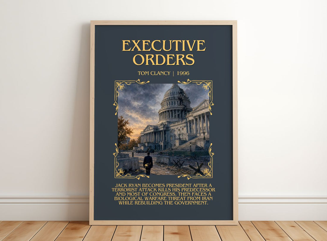 Executive Orders Minimalist Book Poster by Tom Clancy – framed print leaning on a wooden floor