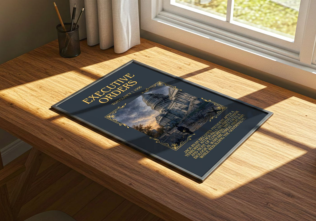 Executive Orders Minimalist Book Poster by Tom Clancy – print on a sunlit desk