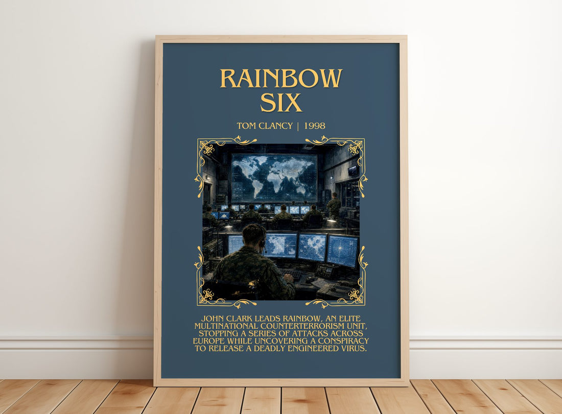 Rainbow Six Minimalist Book Poster by Tom Clancy – framed print leaning on a wooden floor