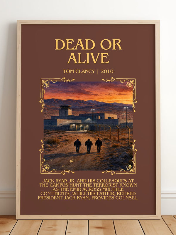 Dead or Alive Minimalist Book Poster by Tom Clancy – framed print leaning on a wooden floor