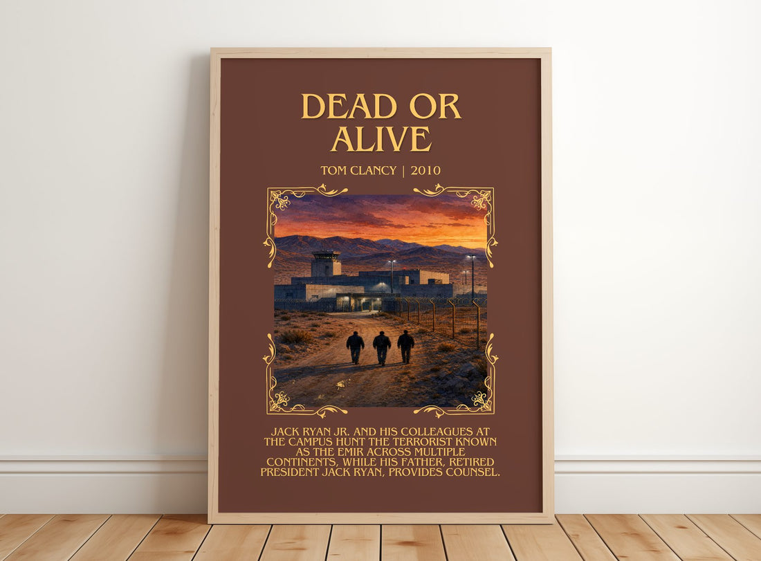 Dead or Alive Minimalist Book Poster by Tom Clancy – framed print leaning on a wooden floor