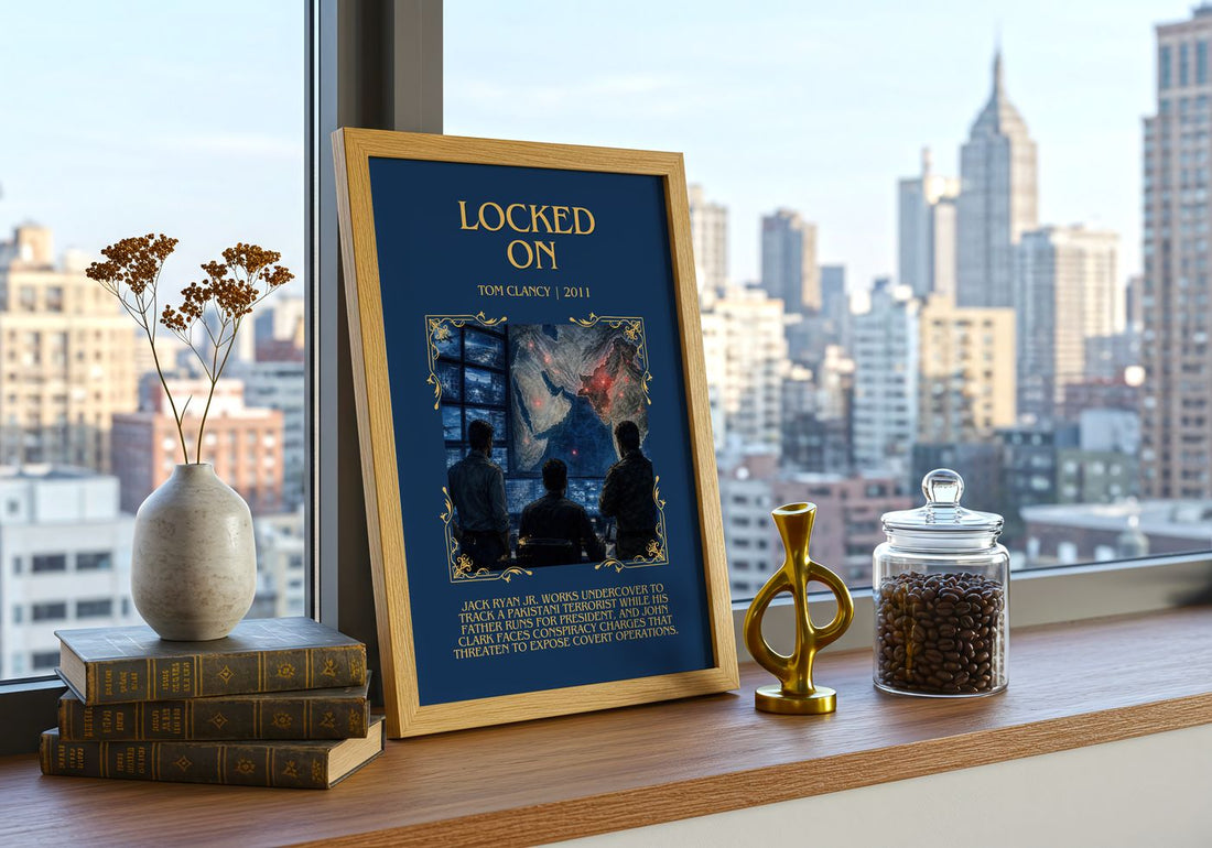 Locked On Minimalist Book Poster by Tom Clancy – framed print on a city-view windowsill