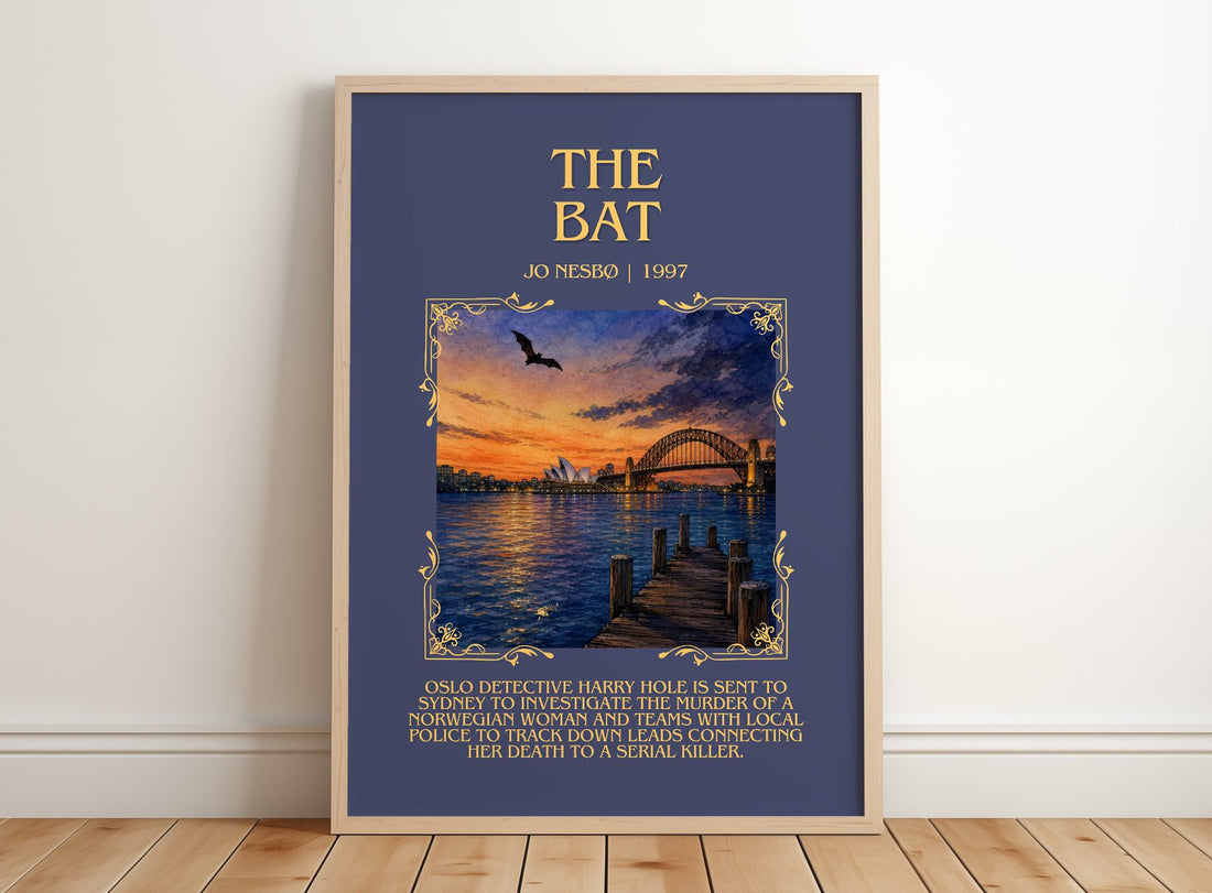 The Bat Minimalist Book Poster by Jo Nesbø – framed print leaning on a wooden floor