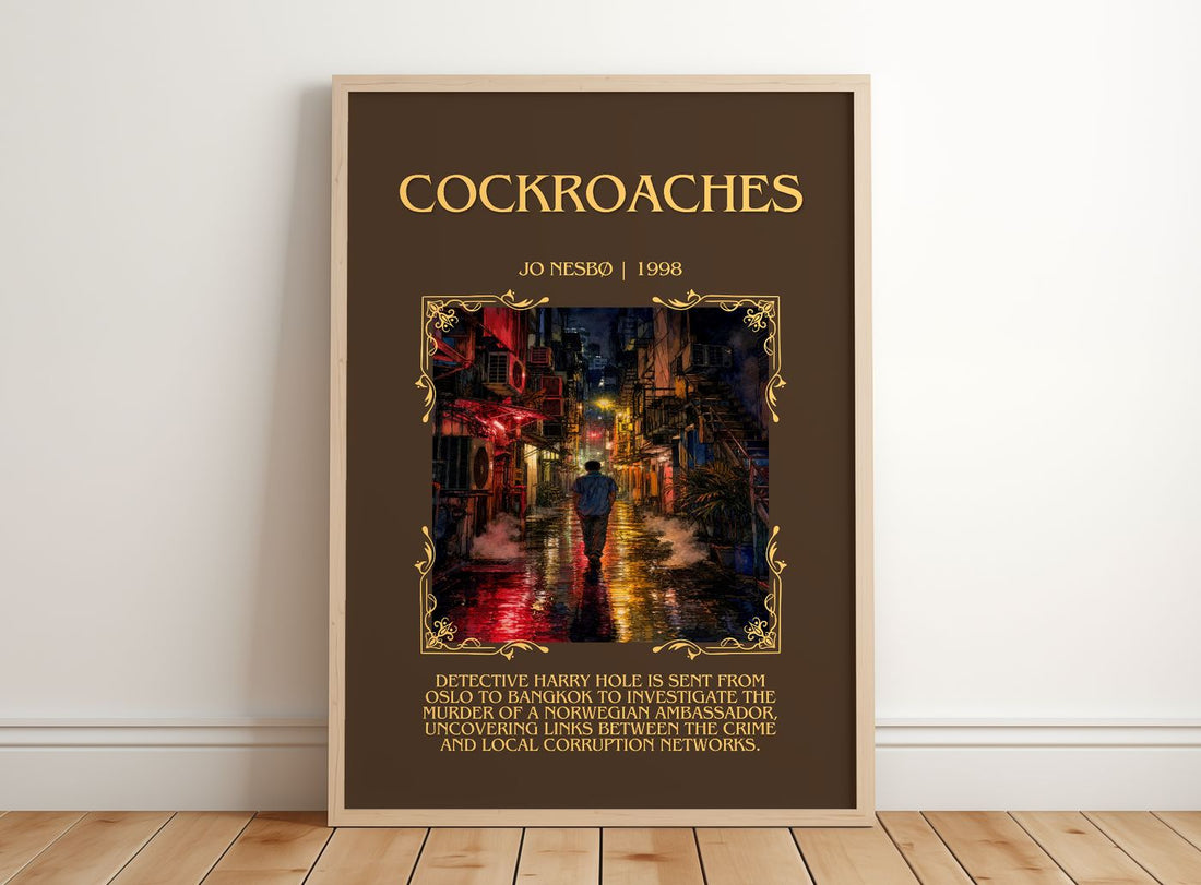 Cockroaches Minimalist Book Poster by Jo Nesbø – framed print leaning on a wooden floor