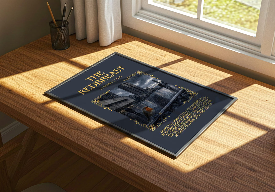 The Redbreast Minimalist Book Poster by Jo Nesbø – print on a sunlit desk