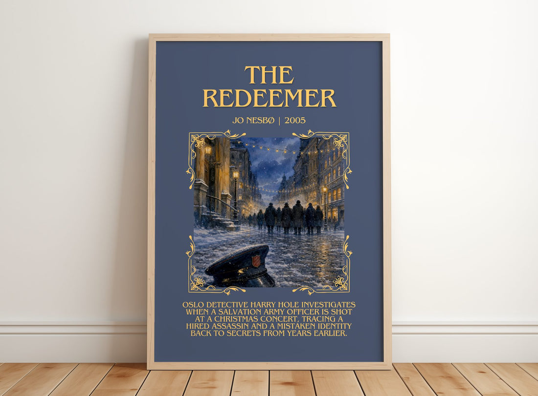 The Redeemer Minimalist Book Poster by Jo Nesbø – framed print leaning on a wooden floor