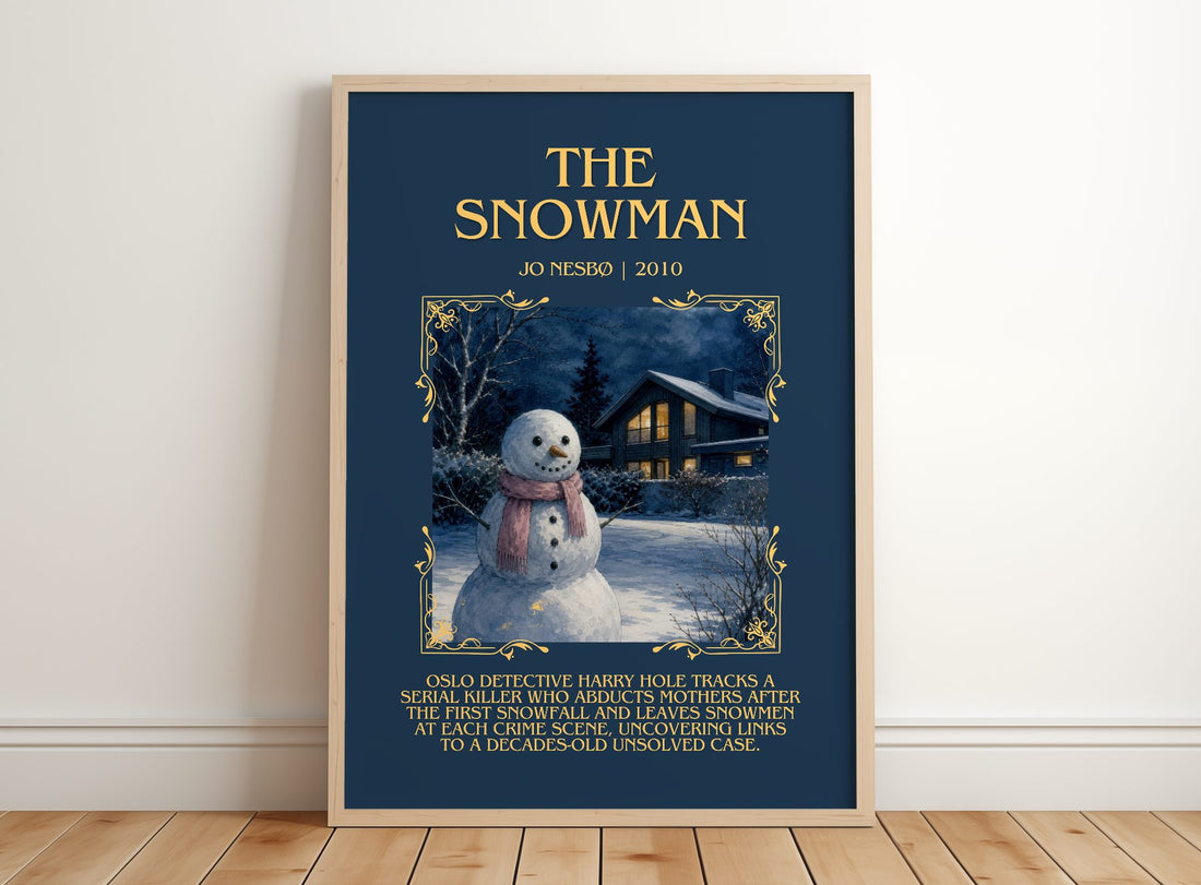 The Snowman Minimalist Book Poster by Jo Nesbø – framed print leaning on a wooden floor
