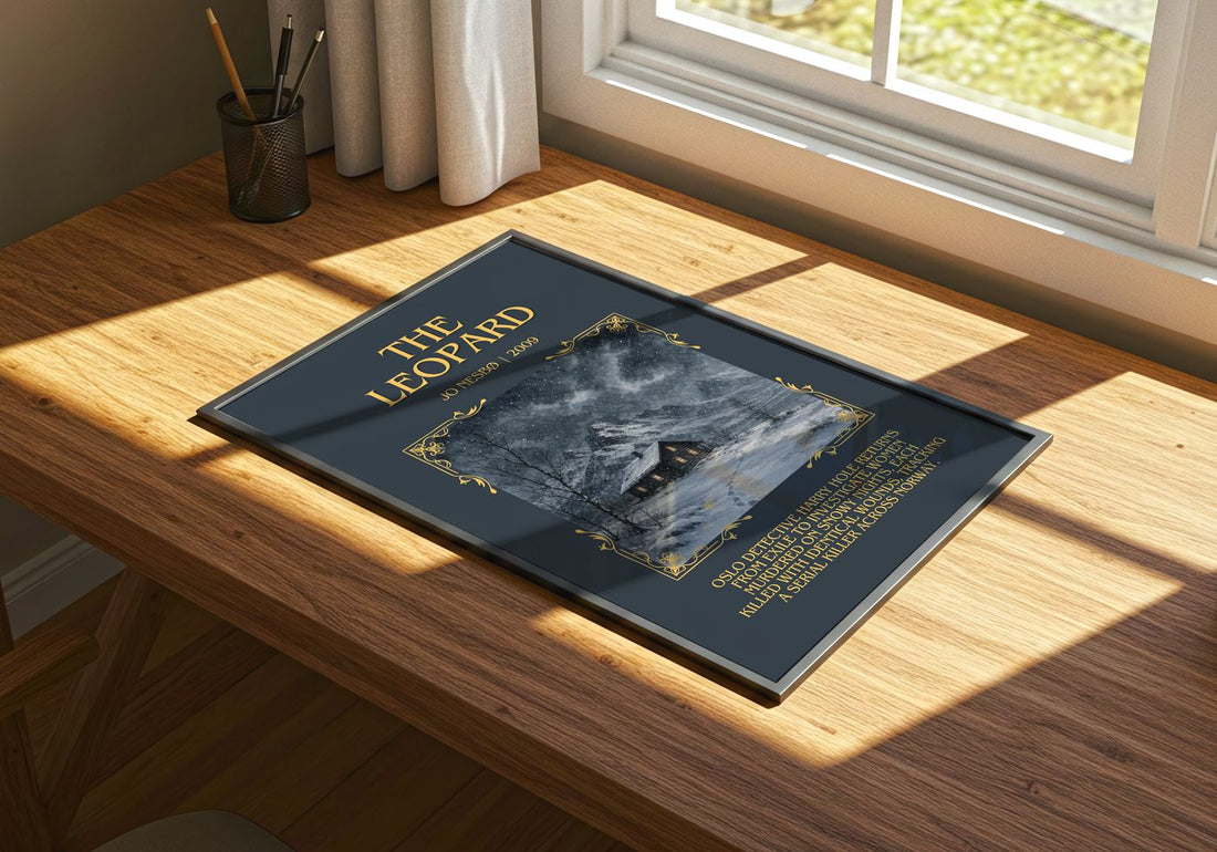 The Leopard Minimalist Book Poster by Jo Nesbø – print on a sunlit desk