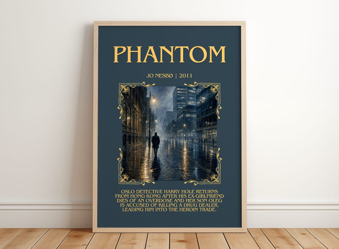 Phantom Minimalist Book Poster by Jo Nesbø – framed print leaning on a wooden floor