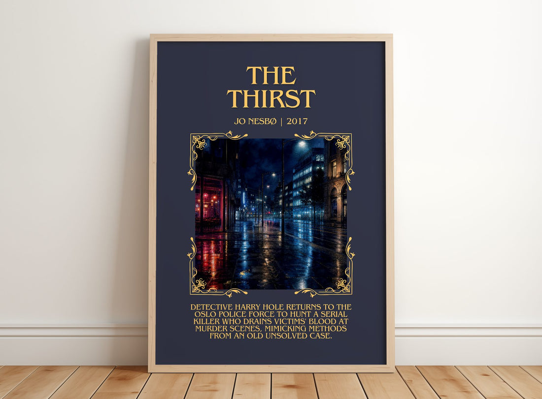 The Thirst Minimalist Book Poster by Jo Nesbø – framed print leaning on a wooden floor