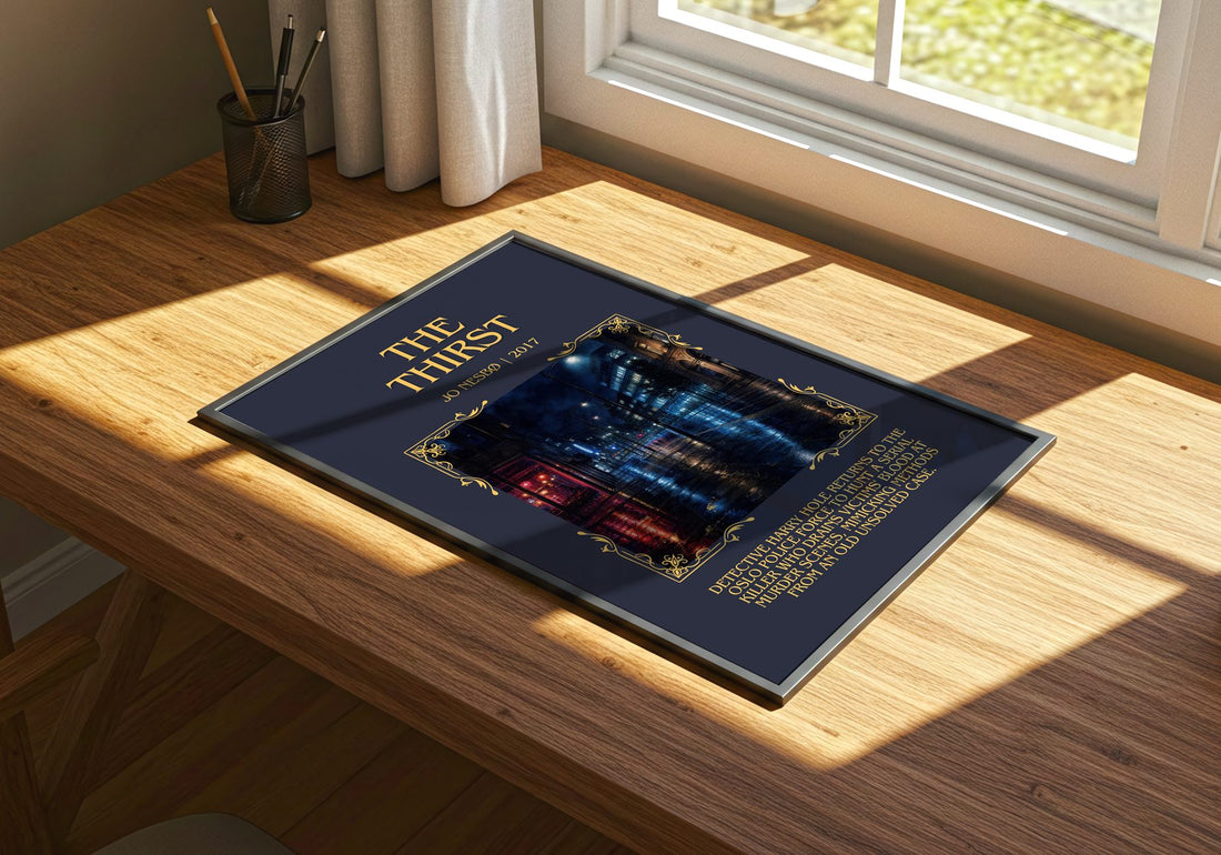 The Thirst Minimalist Book Poster by Jo Nesbø – print on a sunlit desk