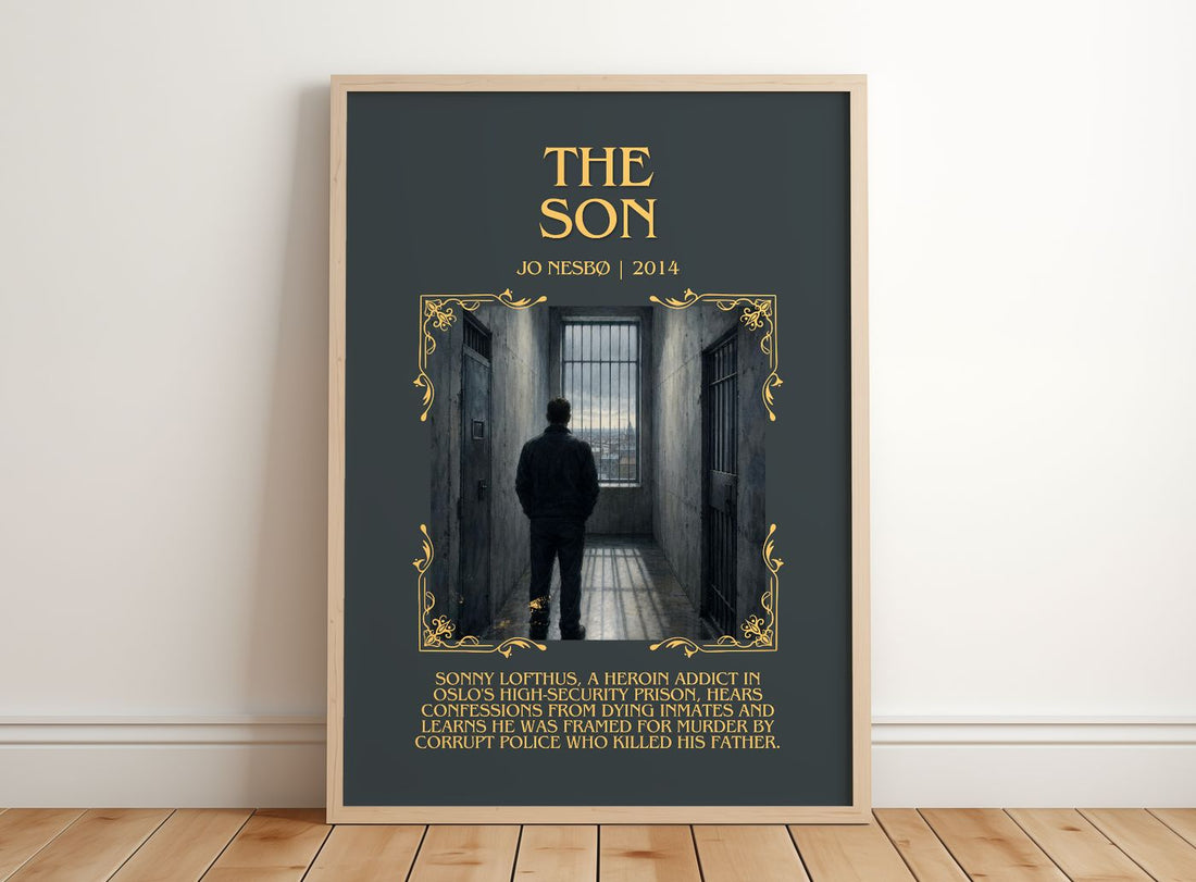 The Son Minimalist Book Poster by Jo Nesbø – framed print leaning on a wooden floor