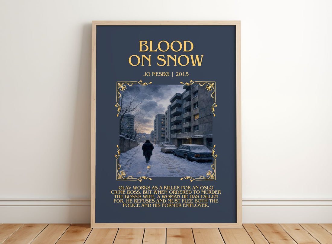 Blood on Snow Minimalist Book Poster by Jo Nesbø – framed print leaning on a wooden floor