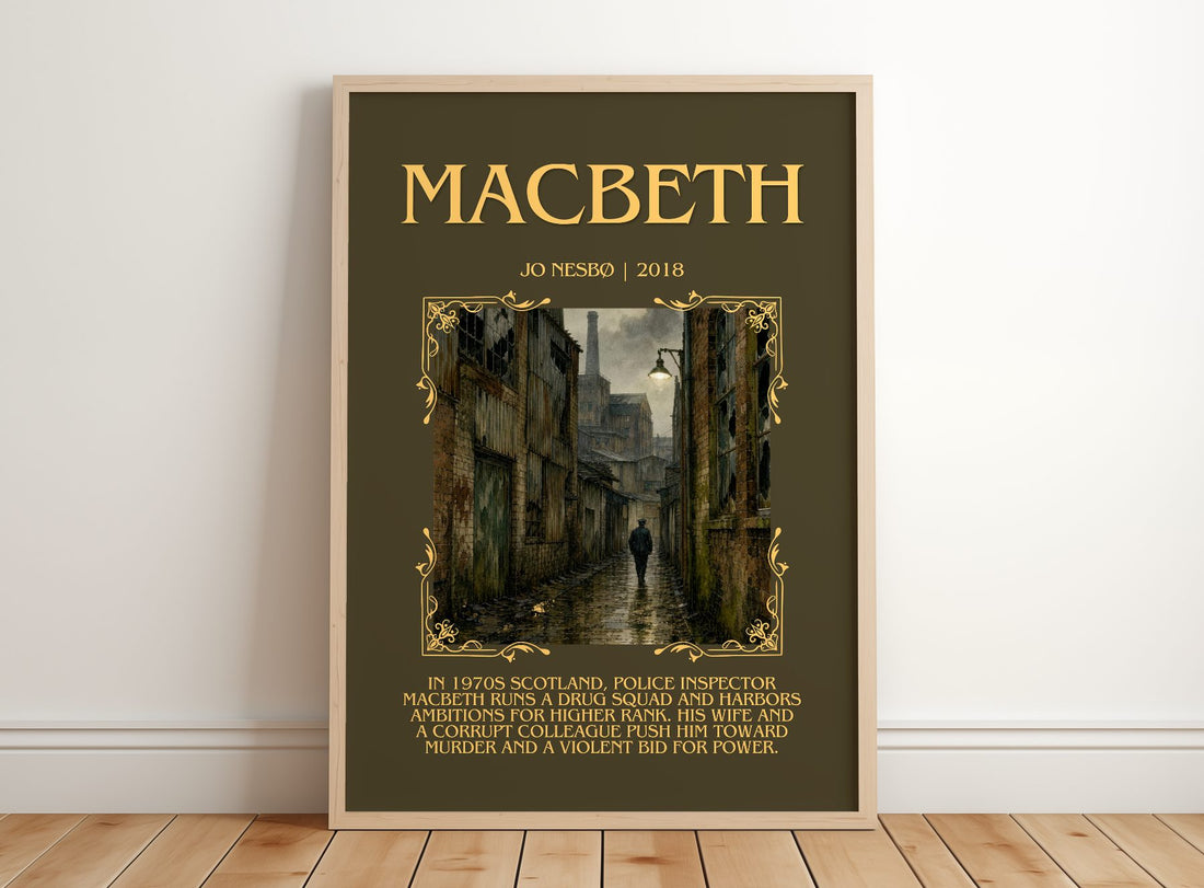 Macbeth Minimalist Book Poster by Jo Nesbø – framed print leaning on a wooden floor