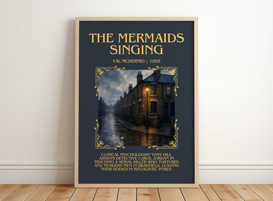 The Mermaids Singing Minimalist Book Poster by Val McDermid – framed print leaning on a wooden floor
