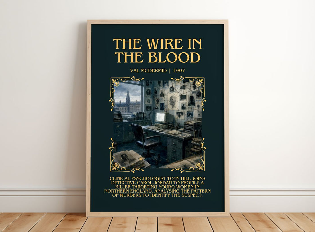 The Wire in the Blood Minimalist Book Poster by Val McDermid – framed print leaning on a wooden floor