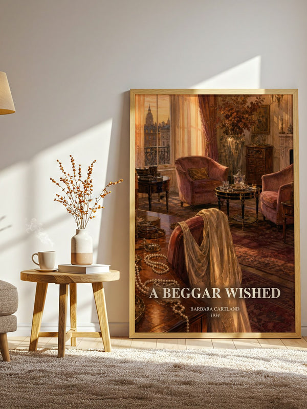 A Beggar Wished watercolour print in frame leaning in hallway – romance wall art