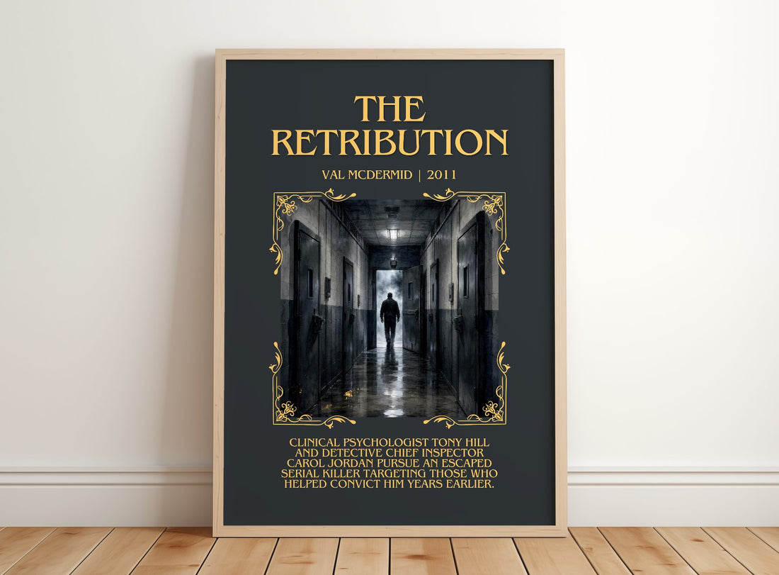 The Retribution Minimalist Book Poster by Val McDermid – framed print leaning on a wooden floor