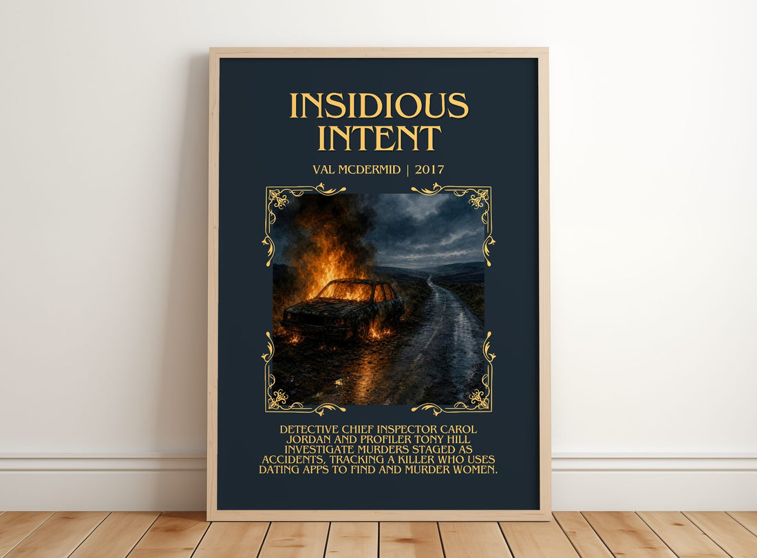 Insidious Intent Minimalist Book Poster by Val McDermid – framed print leaning on a wooden floor