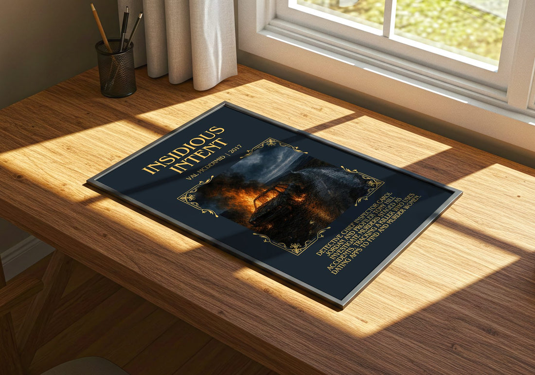 Insidious Intent Minimalist Book Poster by Val McDermid – print on a sunlit desk