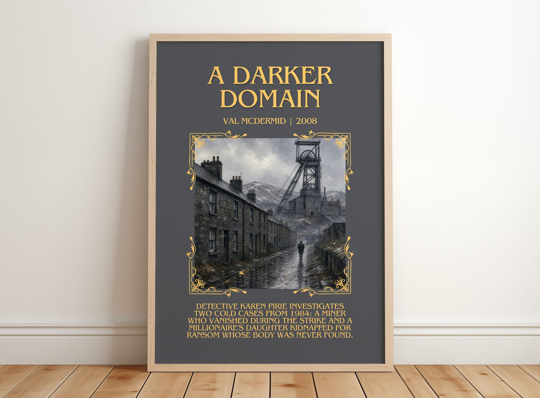 A Darker Domain Minimalist Book Poster by Val McDermid – framed print leaning on a wooden floor