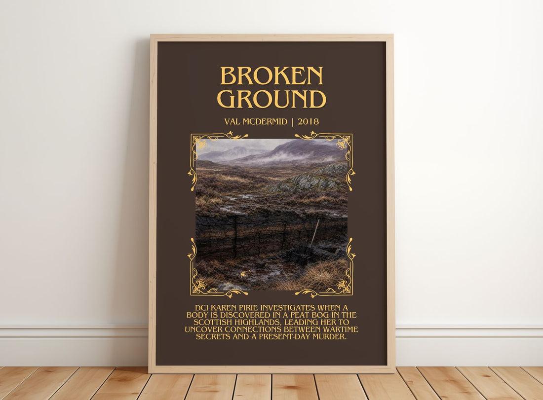Broken Ground Minimalist Book Poster by Val McDermid – framed print leaning on a wooden floor