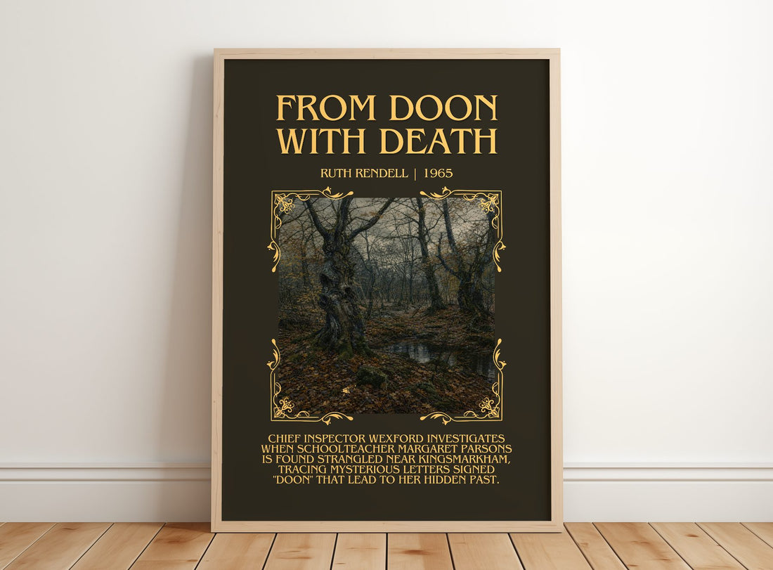 From Doon with Death Minimalist Book Poster by Ruth Rendell – framed print leaning on a wooden floor