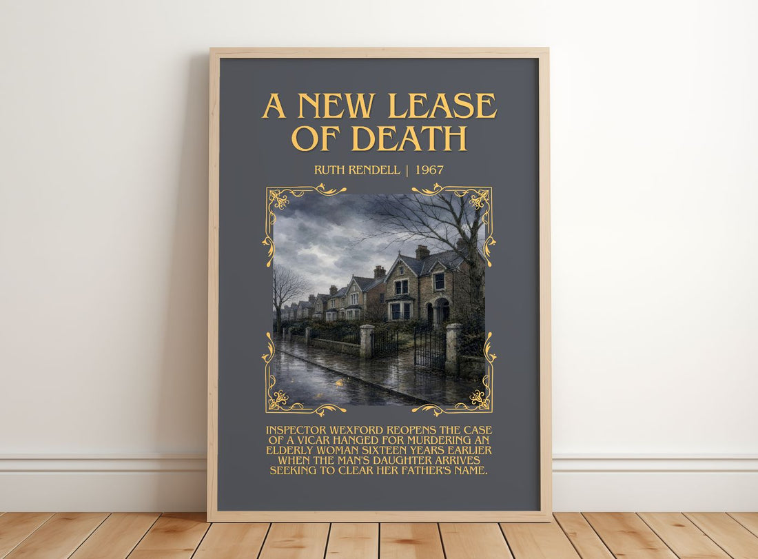 A New Lease of Death Minimalist Book Poster by Ruth Rendell – framed print leaning on a wooden floor