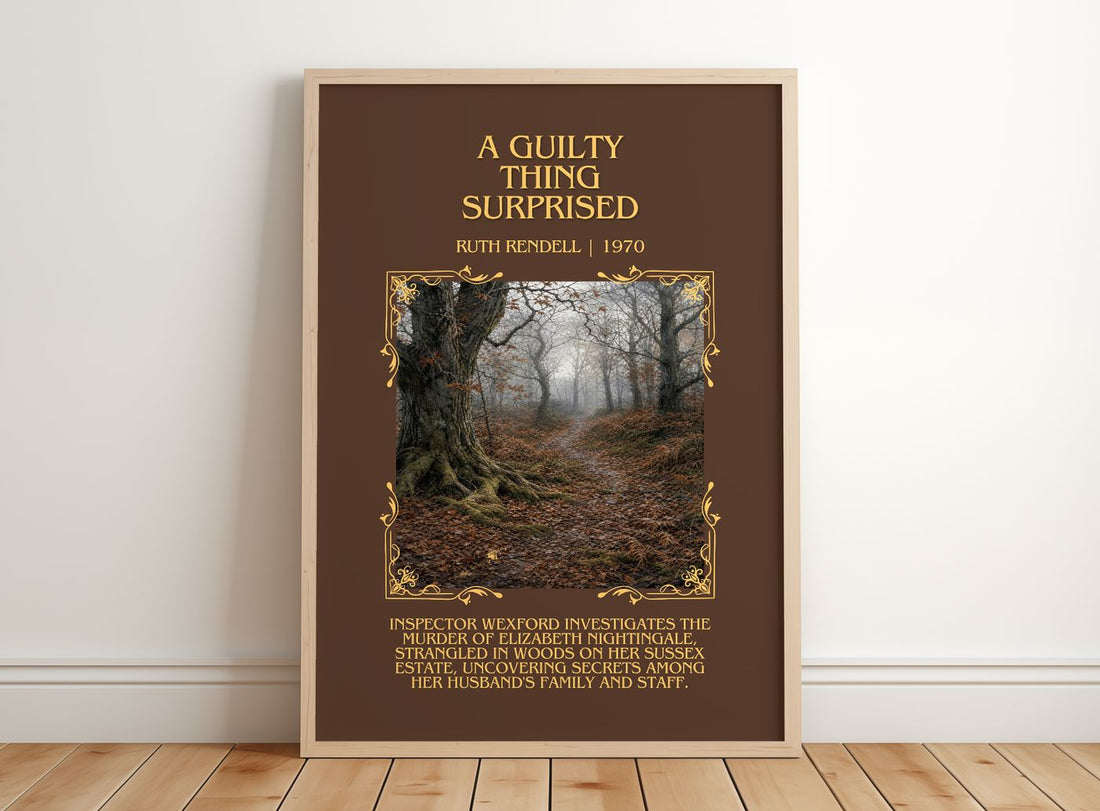 A Guilty Thing Surprised Minimalist Book Poster by Ruth Rendell – framed print leaning on a wooden floor
