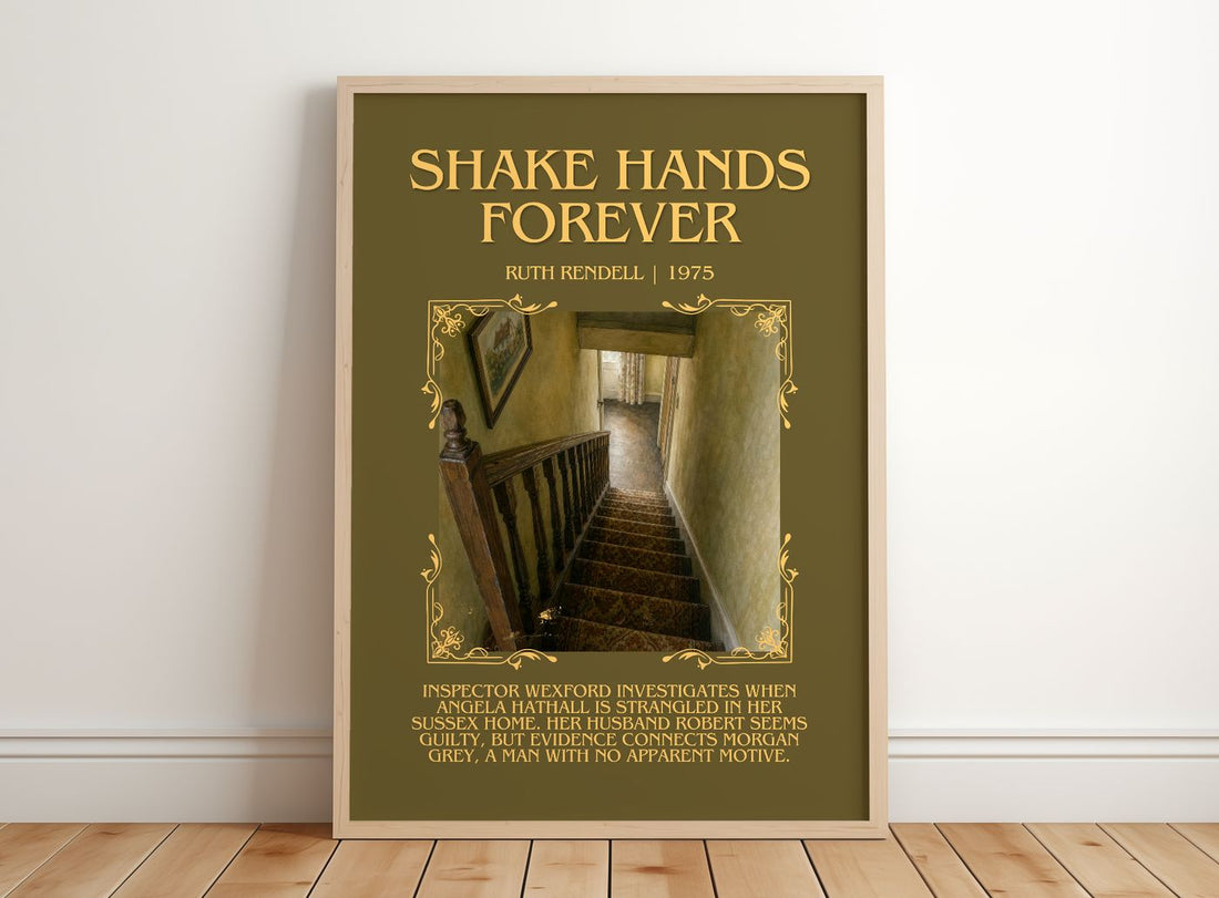 Shake Hands Forever Minimalist Book Poster by Ruth Rendell – framed print leaning on a wooden floor