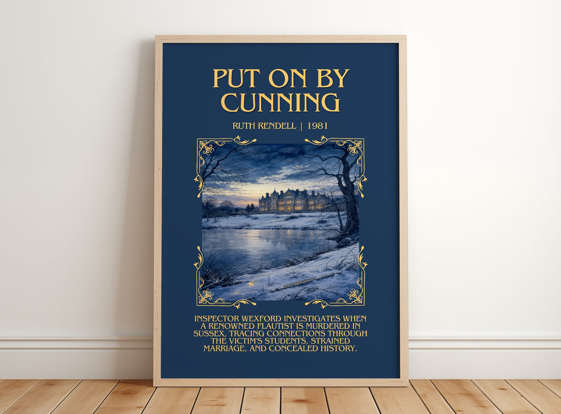 Put On by Cunning Minimalist Book Poster by Ruth Rendell – framed print leaning on a wooden floor