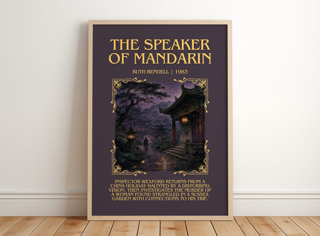 The Speaker of Mandarin Minimalist Book Poster by Ruth Rendell – framed print leaning on a wooden floor