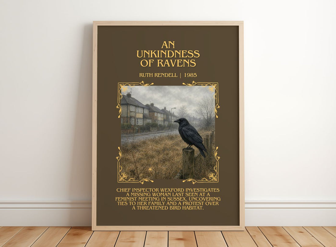 An Unkindness of Ravens Minimalist Book Poster by Ruth Rendell – framed print leaning on a wooden floor