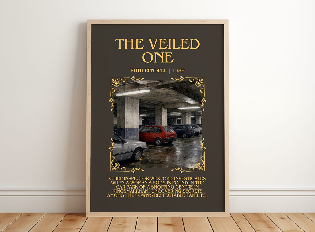 The Veiled One Minimalist Book Poster by Ruth Rendell – framed print leaning on a wooden floor